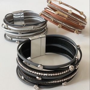 💝Boutique BLACK~Multi Strand🌾Leather&Rhinestone Boho Bracelet